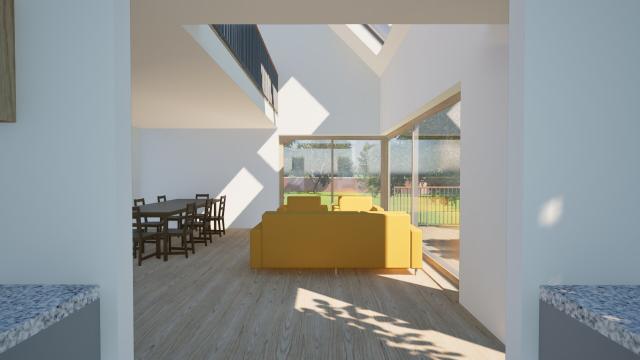 View of the interior double-height space looking over the gardens